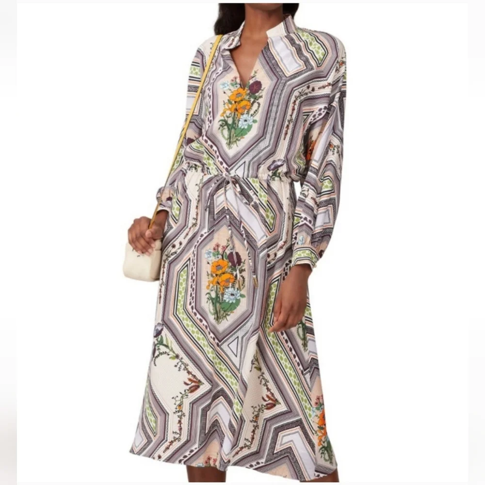 Tory Burch Cream Midi Dress with Floral & Geometric Print Size XL
